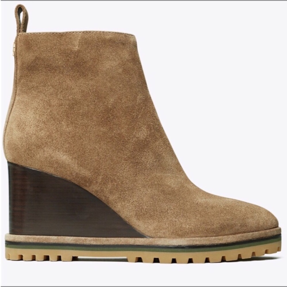 TORY BURCH NEW SPORTY ANKLE LOGO LUG SOLE WEDGE BOOTIE-SUEDE-COLOR RIVER ROCK - Picture 2 of 16